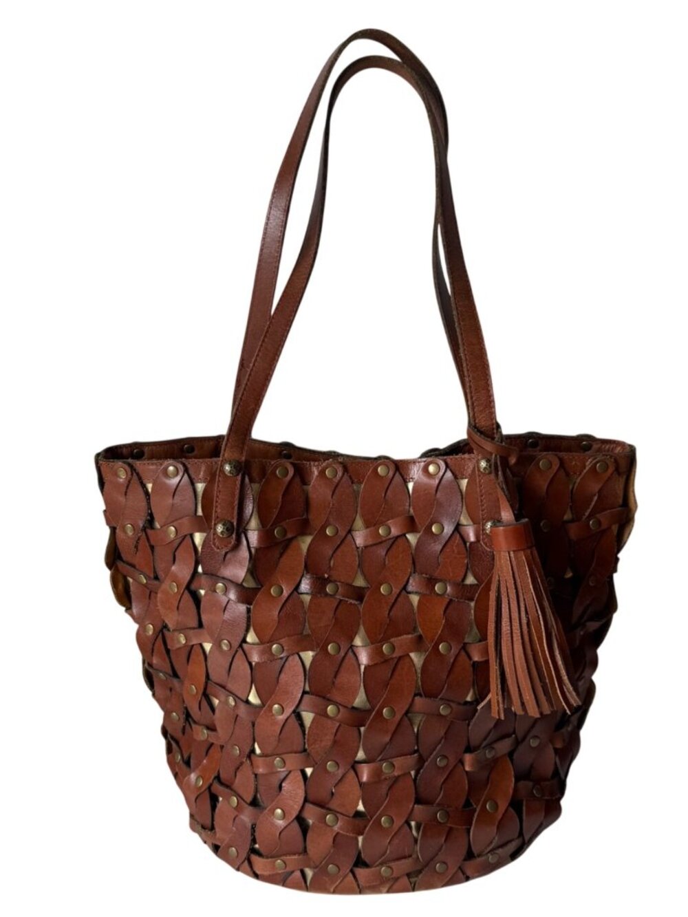 Patricia Nash Mizzana Women's Tote Bag Brown Twisted Braid Leather Woven Tassel